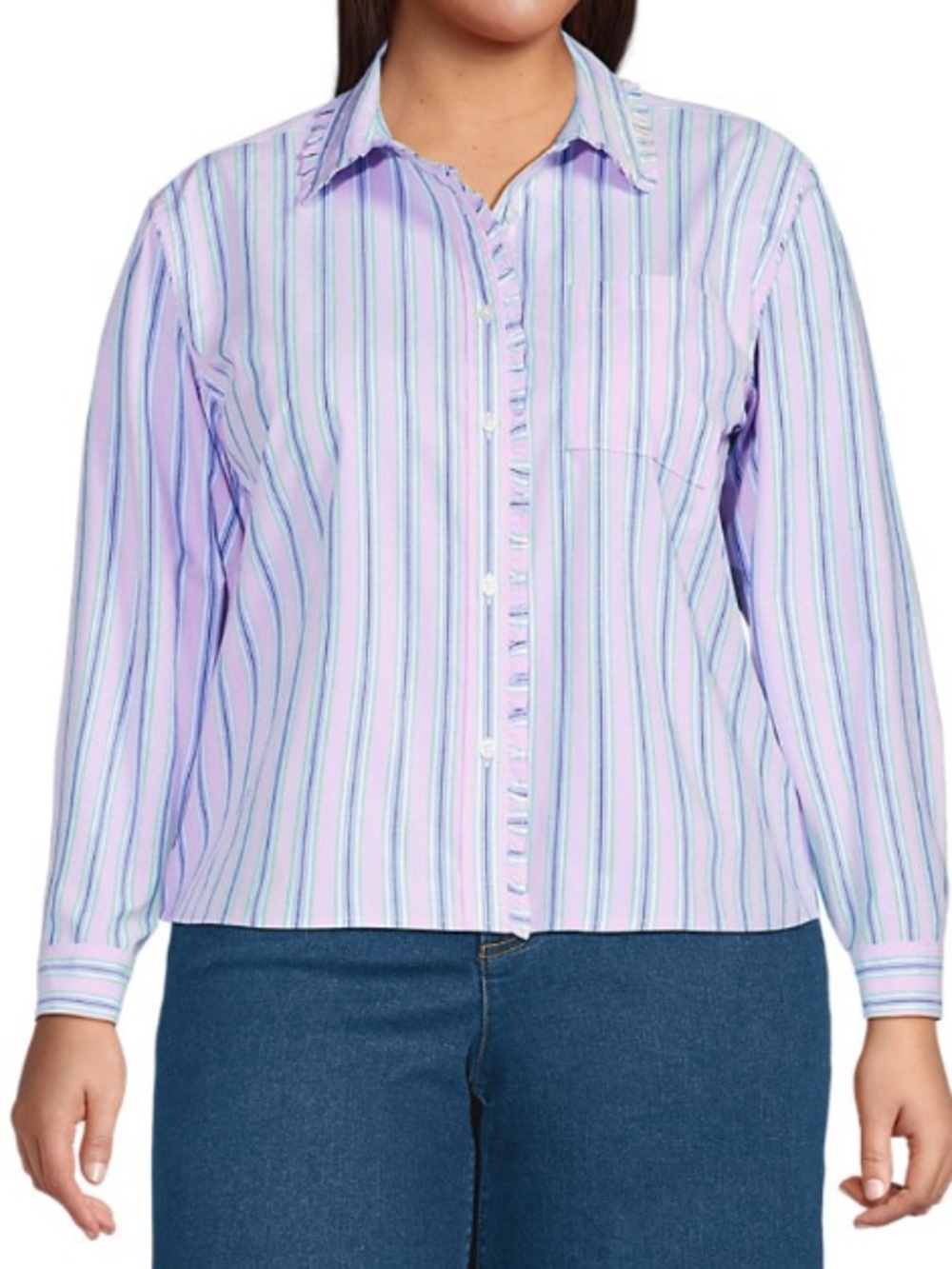 Lands End Plus Cropped Ruffle Front Shirt Lilac Petal Multi Stripe Size 3X.